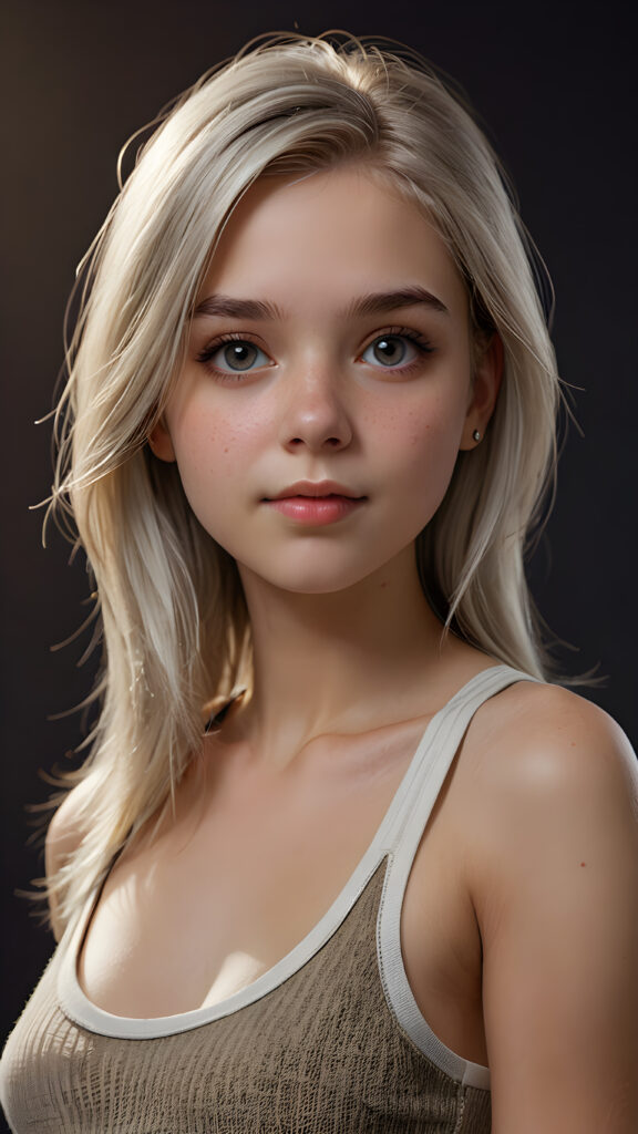 a (((very high resolution (Ultra HD) image))) portraying a (((super cute and beautiful teen girl))), with long, straight white hair, and hyper-realistic, detailed eyes that reflect a realistic light brown color, framed by a perfectly toned, defined nose that blends seamlessly into her face. She's captured in a (((natural, soft lighting)) that highlights her features and gives back a sense of a (realistic, detailed texture) on her skin, all against a backdrop of a (super short, tight, low-cut tank top) that emphasizes her youthful complexion. The overall look is perfect for a (professional studio photo), capturing the essence of a (high-quality, 8K cinematic image)