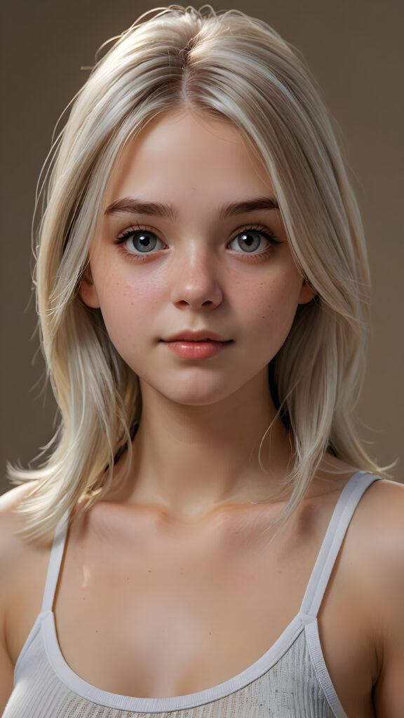 a (((very high resolution (Ultra HD) image))) portraying a (((super cute and beautiful teen girl))), with long, straight white hair, and hyper-realistic, detailed eyes that reflect a realistic light brown color, framed by a perfectly toned, defined nose that blends seamlessly into her face. She's captured in a (((natural, soft lighting)) that highlights her features and gives back a sense of a (realistic, detailed texture) on her skin, all against a backdrop of a (super short, tight, low-cut tank top) that emphasizes her youthful complexion. The overall look is perfect for a (professional studio photo), capturing the essence of a (high-quality, 8K cinematic image)