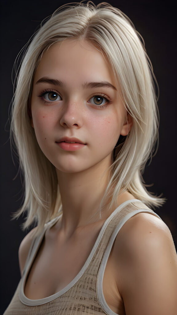 a (((very high resolution (Ultra HD) image))) portraying a (((super cute and beautiful teen girl))), with long, straight white hair, and hyper-realistic, detailed eyes that reflect a realistic light brown color, framed by a perfectly toned, defined nose that blends seamlessly into her face. She's captured in a (((natural, soft lighting)) that highlights her features and gives back a sense of a (realistic, detailed texture) on her skin, all against a backdrop of a (super short, tight, low-cut tank top) that emphasizes her youthful complexion. The overall look is perfect for a (professional studio photo), capturing the essence of a (high-quality, 8K cinematic image)