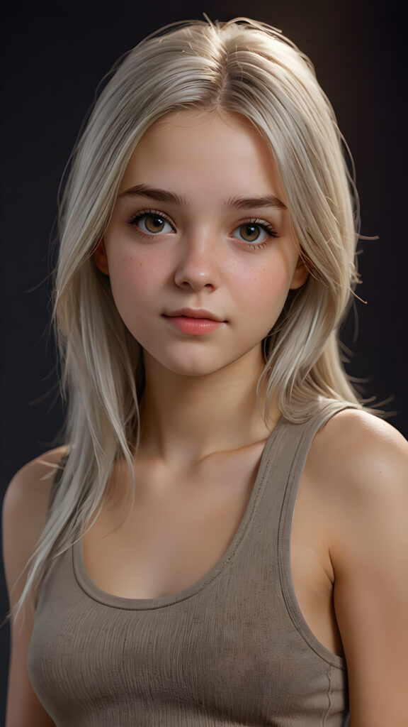 a (((very high resolution (Ultra HD) image))) portraying a (((super cute and beautiful teen girl))), with long, straight white hair, and hyper-realistic, detailed eyes that reflect a realistic light brown color, framed by a perfectly toned, defined nose that blends seamlessly into her face. She's captured in a (((natural, soft lighting)) that highlights her features and gives back a sense of a (realistic, detailed texture) on her skin, all against a backdrop of a (super short, tight, low-cut tank top) that emphasizes her youthful complexion. The overall look is perfect for a (professional studio photo), capturing the essence of a (high-quality, 8K cinematic image)