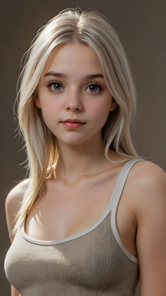 a (((very high resolution (Ultra HD) image))) portraying a (((super cute and beautiful teen girl))), with long, straight white hair, and hyper-realistic, detailed eyes that reflect a realistic light brown color, framed by a perfectly toned, defined nose that blends seamlessly into her face. She's captured in a (((natural, soft lighting)) that highlights her features and gives back a sense of a (realistic, detailed texture) on her skin, all against a backdrop of a (super short, tight, low-cut tank top) that emphasizes her youthful complexion. The overall look is perfect for a (professional studio photo), capturing the essence of a (high-quality, 8K cinematic image)