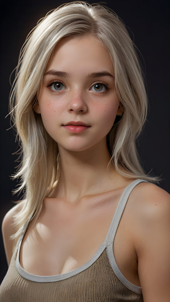 a (((very high resolution (Ultra HD) image))) portraying a (((super cute and beautiful teen girl))), with long, straight white hair, and hyper-realistic, detailed eyes that reflect a realistic light brown color, framed by a perfectly toned, defined nose that blends seamlessly into her face. She's captured in a (((natural, soft lighting)) that highlights her features and gives back a sense of a (realistic, detailed texture) on her skin, all against a backdrop of a (super short, tight, low-cut tank top) that emphasizes her youthful complexion. The overall look is perfect for a (professional studio photo), capturing the essence of a (high-quality, 8K cinematic image)