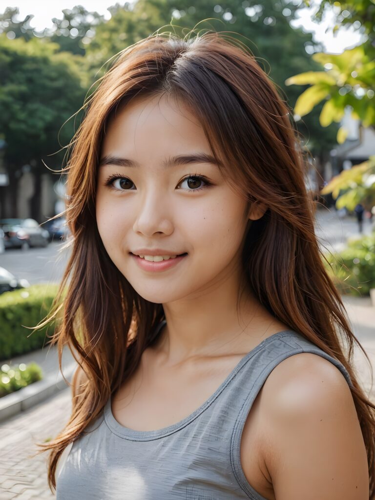 a very nice young Japanese girl, portrait shot, her long hazelnut hair falls over her shoulders, warm smile, she wears a grey tank top, perfect curved body