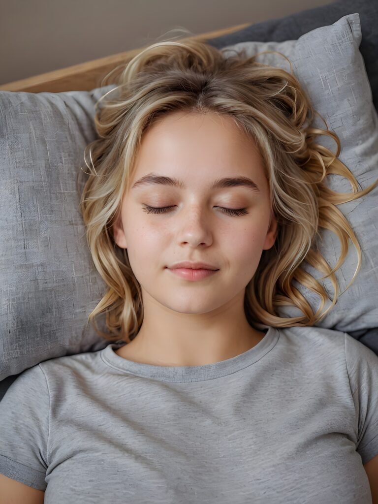 a very nice young girl is sleeping, portrait shot, her blond messy hair falls over her shoulders, warm smile, closed eyes, she wears a grey t-shirt