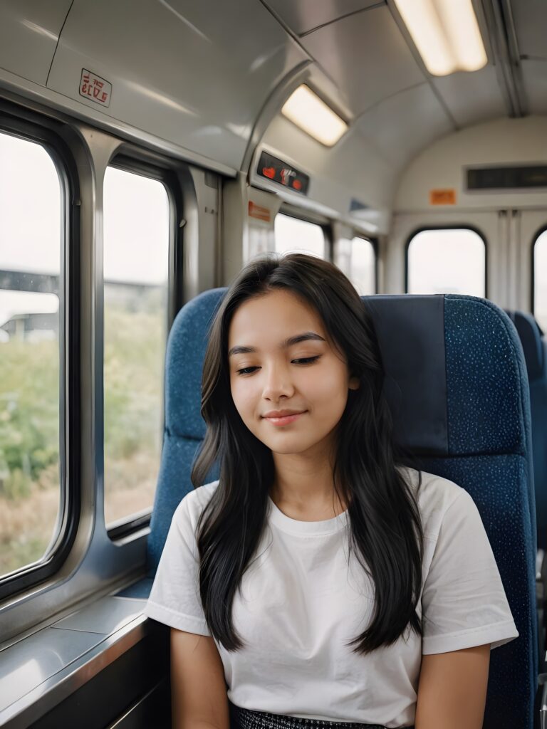 a very nice young girl, sleep and sitting in a train compartment, portrait shot, her long black hair falls over her shoulders, warm smile, closed eyes, she wears a white t-shirt