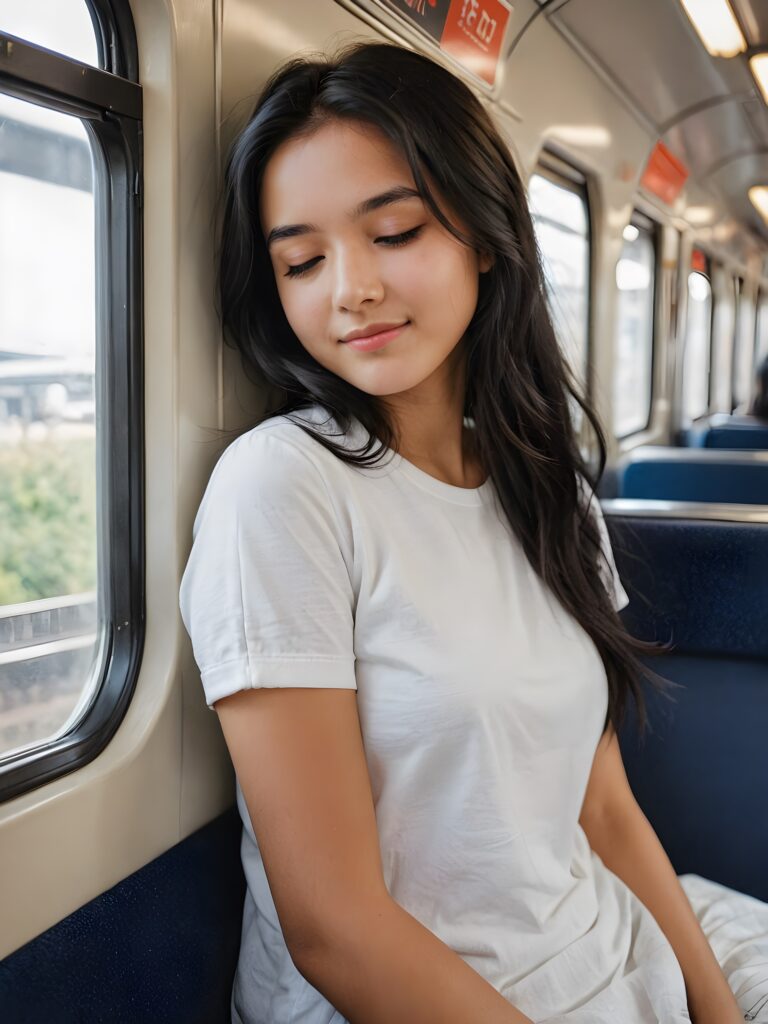 a very nice young girl, sleep and sitting in a train compartment, portrait shot, her long black hair falls over her shoulders, warm smile, closed eyes, she wears a white t-shirt