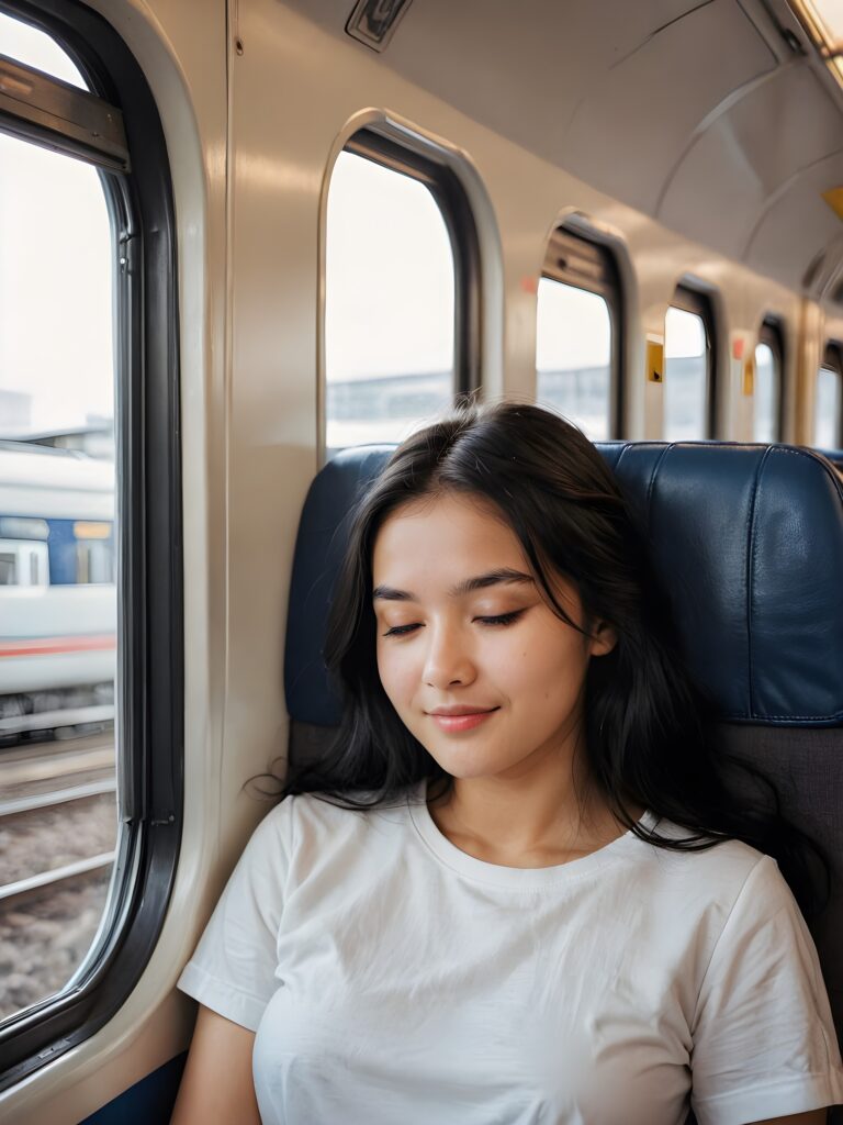 a very nice young girl, sleep and sitting in a train compartment, portrait shot, her long black hair falls over her shoulders, warm smile, closed eyes, she wears a white t-shirt