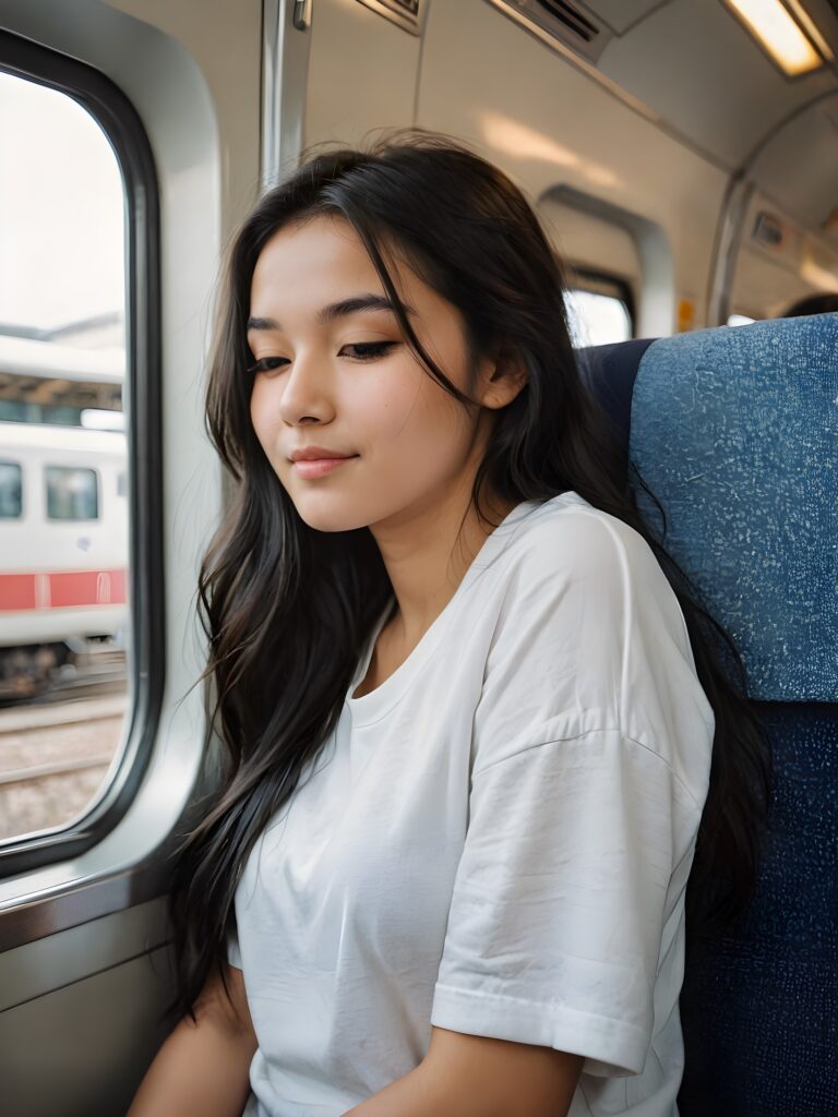 a very nice young girl, sleep and sitting in a train compartment, portrait shot, her long black hair falls over her shoulders, warm smile, closed eyes, she wears a white t-shirt