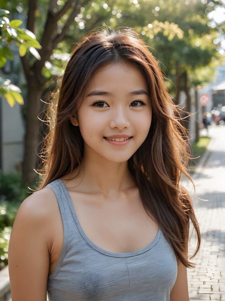 a very nice young Japanese girl, portrait shot, her long hazelnut hair falls over her shoulders, warm smile, she wears a grey tank top, perfect curved body