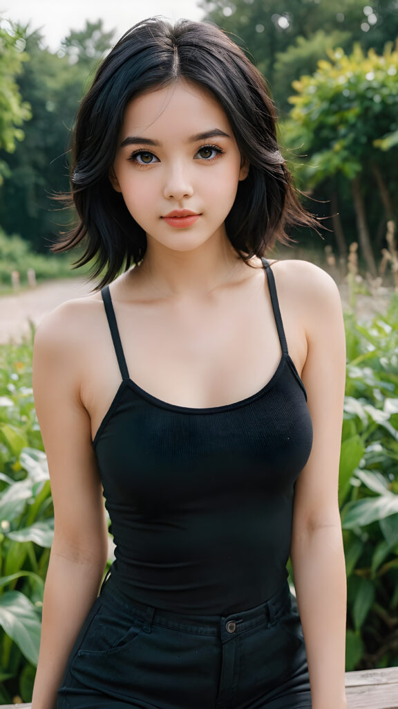 a very pretty young petite girlie, wears a very short cropped black tank top, very long soft black hair, round cheeks, pale slender legs, visible kneeks, black detailed beautiful eyes, ((round face)), full kissable lips, round eyes, perfect skin