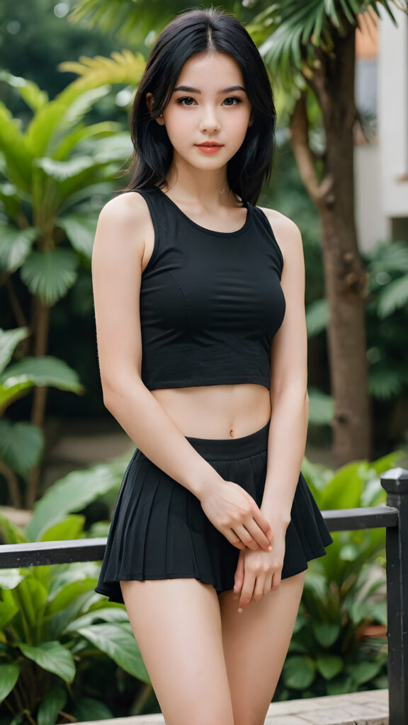 a very pretty young petite girlie, wears a very short cropped black tank top, very long soft black hair, round cheeks, pale slender legs, visible kneeks, black detailed beautiful eyes, ((round face)), full kissable lips, round eyes, perfect skin