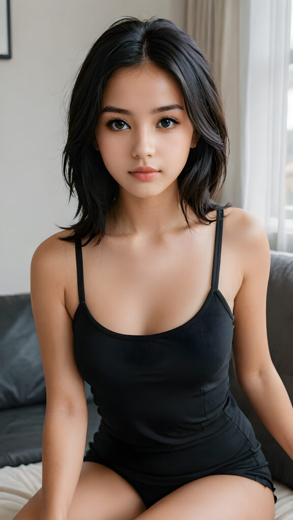 a very pretty young petite tanned girlie, wears a very short cropped black tank top, very long soft black hair, round cheeks, pale slender legs, visible kneeks, black detailed beautiful eyes, ((round face)), full kissable lips, round eyes, perfect skin