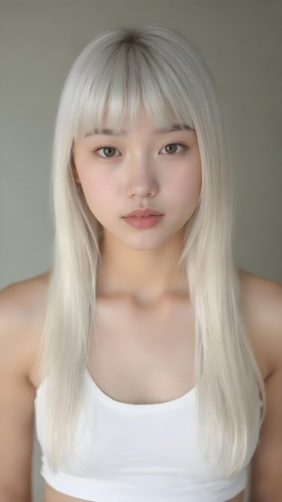 a (((very realistic and beautiful asian teen girl))), age 13, with (((straight, long, white hair))), (((bangs cut))). Her physique is (((perfect and toned)), with (((a lean, athletic upper body))) and (((a gentle, youthful curve at the bottom of her waist))). She's (((looking directly at the camera))). Her (((skin is ((clear) and glowing with a soft, natural tone))) adds to her (((attractive features))). She's (((wearing a (((very short tight (white crop tank top))), ((low-cut)), that highlights her (((perfectly proportioned figure))) and gives her a (((full-body shot))) with a (((beautifully detailed, realistic complexion))) and (((realistically drawn hands))) that match perfectly with her (((straight, long, white hair))) and (((perfectly drawn lips))) (((8k, Ultra High Definition, intricate details)))