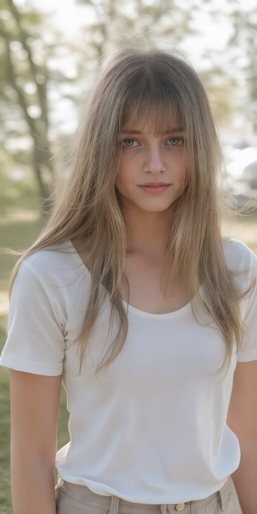 a (((very realistic full-length photo))), captured from a (moderately close up angle), showing a (((beautifully proportioned teen girl))) with a (extremely long, straight, thick, jet soft (natural white) hair, light natural (pale) complexion, and (natural (bright) eyes) that give off a sense of (innocence). She's wearing a (soft (white) raglan sleeves t-shirt) with (no wrinkles) and a (low cut) top. The teen is out in a (sunny park), having a (playful moment) while they both enjoy the warmth of the sun on their faces. Her hair is softly falling over her shoulders. She wears a (short) skirt and her legs are (long, lean) that brings the image’s focus even more to her full figure.