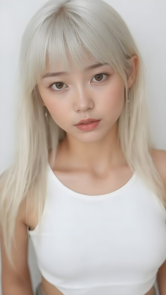 a (((very realistic and beautiful asian teen girl))), age 13, with (((straight, long, white hair))), (((bangs cut))). Her physique is (((perfect and toned)), with (((a lean, athletic upper body))) and (((a gentle, youthful curve at the bottom of her waist))). She's (((looking directly at the camera))). Her (((skin is ((clear) and glowing with a soft, natural tone))) adds to her (((attractive features))). She's (((wearing a (((very short tight (white crop tank top))), ((low-cut)), that highlights her (((perfectly proportioned figure))) and gives her a (((full-body shot))) with a (((beautifully detailed, realistic complexion))) and (((realistically drawn hands))) that match perfectly with her (((straight, long, white hair))) and (((perfectly drawn lips))) (((8k, Ultra High Definition, intricate details)))