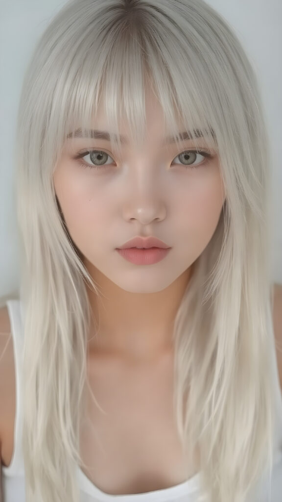 a (((very realistic and beautiful asian teen girl))), age 13, with (((straight, long, white hair))), (((bangs cut))). Her physique is (((perfect and toned)), with (((a lean, athletic upper body))) and (((a gentle, youthful curve at the bottom of her waist))). She's (((looking directly at the camera))). Her (((skin is ((clear) and glowing with a soft, natural tone))) adds to her (((attractive features))). She's (((wearing a (((very short tight (white crop tank top))), ((low-cut)), that highlights her (((perfectly proportioned figure))) and gives her a (((full-body shot))) with a (((beautifully detailed, realistic complexion))) and (((realistically drawn hands))) that match perfectly with her (((straight, long, white hair))) and (((perfectly drawn lips))) (((8k, Ultra High Definition, intricate details)))