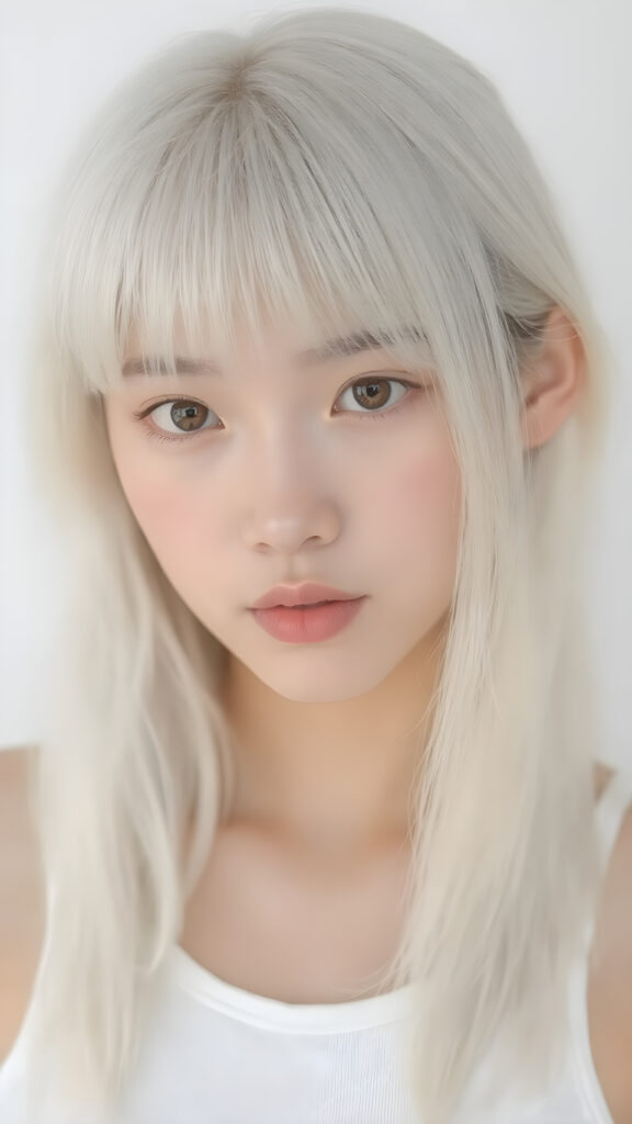 a (((very realistic and beautiful asian teen girl))), age 13, with (((straight, long, white hair))), (((bangs cut))). Her physique is (((perfect and toned)), with (((a lean, athletic upper body))) and (((a gentle, youthful curve at the bottom of her waist))). She's (((looking directly at the camera))). Her (((skin is ((clear) and glowing with a soft, natural tone))) adds to her (((attractive features))). She's (((wearing a (((very short tight (white crop tank top))), ((low-cut)), that highlights her (((perfectly proportioned figure))) and gives her a (((full-body shot))) with a (((beautifully detailed, realistic complexion))) and (((realistically drawn hands))) that match perfectly with her (((straight, long, white hair))) and (((perfectly drawn lips))) (((8k, Ultra High Definition, intricate details)))