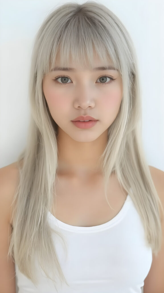 a (((very realistic and beautiful asian teen girl))), age 13, with (((straight, long, white hair))), (((bangs cut))). Her physique is (((perfect and toned)), with (((a lean, athletic upper body))) and (((a gentle, youthful curve at the bottom of her waist))). She's (((looking directly at the camera))). Her (((skin is ((clear) and glowing with a soft, natural tone))) adds to her (((attractive features))). She's (((wearing a (((very short tight (white crop tank top))), ((low-cut)), that highlights her (((perfectly proportioned figure))) and gives her a (((full-body shot))) with a (((beautifully detailed, realistic complexion))) and (((realistically drawn hands))) that match perfectly with her (((straight, long, white hair))) and (((perfectly drawn lips))) (((8k, Ultra High Definition, intricate details)))