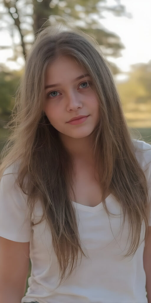 a (((very realistic full-length photo))), captured from a (moderately close up angle), showing a (((beautifully proportioned teen girl))) with a (extremely long, straight, thick, jet soft (natural white) hair, light natural (pale) complexion, and (natural (bright) eyes) that give off a sense of (innocence). She's wearing a (soft (white) raglan sleeves t-shirt) with (no wrinkles) and a (low cut) top. The teen is out in a (sunny park), having a (playful moment) while they both enjoy the warmth of the sun on their faces. Her hair is softly falling over her shoulders. She wears a (short) skirt and her legs are (long, lean) that brings the image’s focus even more to her full figure.