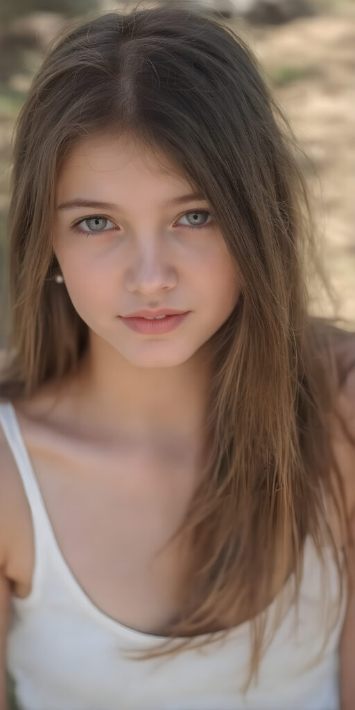 a (((very realistic full-length photo))), captured from a (moderately close up angle), showing a (((beautifully teen girl))) with a (extremely long, straight, thick, jet soft brown hair, light natural (pale) complexion, and (natural (bright) eyes) that give off a sense of (innocence). She's wearing a (soft (white) sleeves cropped tank top) with (no wrinkles) and a (low cut) top. The teen is out in a (sunny park), having a (playful moment) while they both enjoy the warmth of the sun on their faces. Her hair is softly falling over her shoulders.