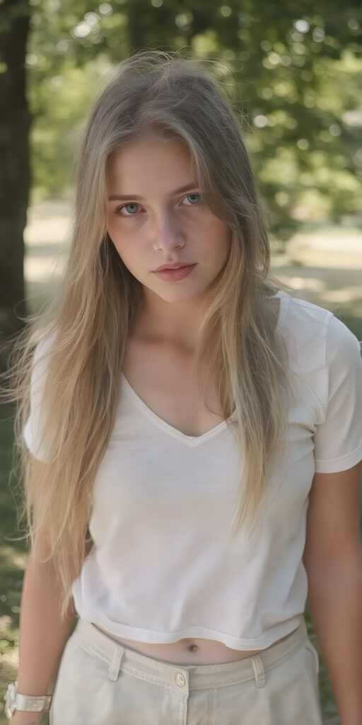 a (((very realistic full-length photo))), captured from a (moderately close up angle), showing a (((beautifully proportioned teen girl))) with a (extremely long, straight, thick, jet soft (natural white) hair, light natural (pale) complexion, and (natural (bright) eyes) that give off a sense of (innocence). She's wearing a (soft (white) raglan sleeves t-shirt) with (no wrinkles) and a (low cut) top. The teen is out in a (sunny park), having a (playful moment) while they both enjoy the warmth of the sun on their faces. Her hair is softly falling over her shoulders. She wears a (short) skirt and her legs are (long, lean) that brings the image’s focus even more to her full figure.