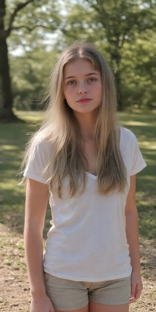 a (((very realistic full-length photo))), captured from a (moderately close up angle), showing a (((beautifully proportioned teen girl))) with a (extremely long, straight, thick, jet soft (natural white) hair, light natural (pale) complexion, and (natural (bright) eyes) that give off a sense of (innocence). She's wearing a (soft (white) raglan sleeves t-shirt) with (no wrinkles) and a (low cut) top. The teen is out in a (sunny park), having a (playful moment) while they both enjoy the warmth of the sun on their faces. Her hair is softly falling over her shoulders. She wears a (short) skirt and her legs are (long, lean) that brings the image’s focus even more to her full figure.