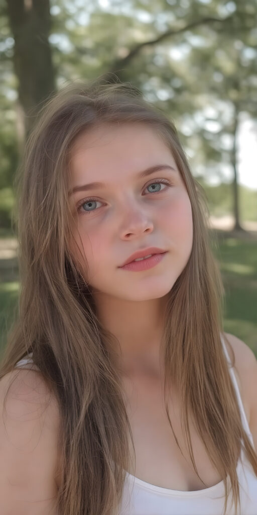 a (((very realistic full-length photo))), captured from a (moderately close up angle), showing a (((beautifully teen girl))) with a (extremely long, straight, thick, jet soft brown hair, light natural (pale) complexion, and (natural (bright) eyes) that give off a sense of (innocence). She's wearing a (soft (white) sleeves cropped tank top) with (no wrinkles) and a (low cut) top. The teen is out in a (sunny park), having a (playful moment) while they both enjoy the warmth of the sun on their faces. Her hair is softly falling over her shoulders.