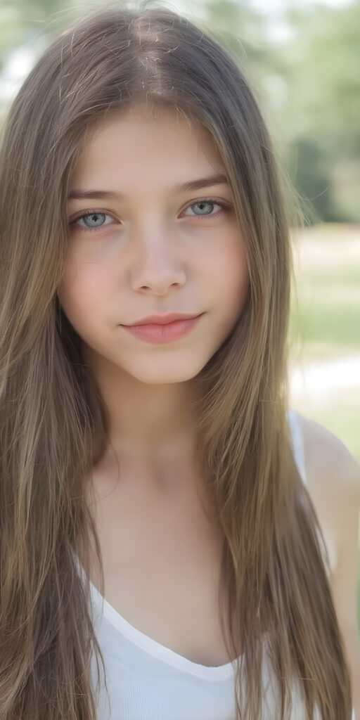 a (((very realistic full-length photo))), captured from a (moderately close up angle), showing a (((beautifully teen girl))) with a (extremely long, straight, thick, jet soft brown hair, light natural (pale) complexion, and (natural (bright) eyes) that give off a sense of (innocence). She's wearing a (soft (white) sleeves cropped tank top) with (no wrinkles) and a (low cut) top. The teen is out in a (sunny park), having a (playful moment) while they both enjoy the warmth of the sun on their faces. Her hair is softly falling over her shoulders.