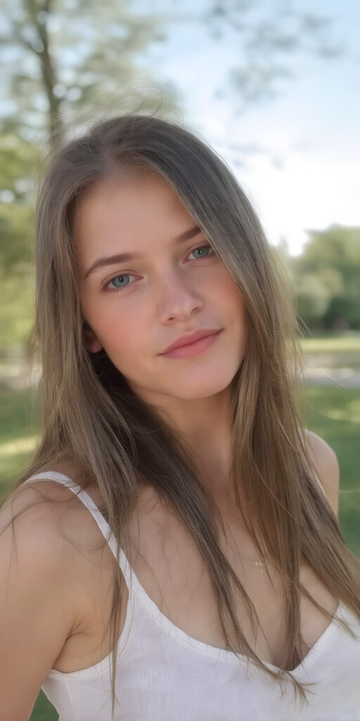 a (((very realistic full-length photo))), captured from a (moderately close up angle), showing a (((beautifully teen girl))) with a (extremely long, straight, thick, jet soft brown hair, light natural (pale) complexion, and (natural (bright) eyes) that give off a sense of (innocence). She's wearing a (soft (white) sleeves cropped tank top) with (no wrinkles) and a (low cut) top. The teen is out in a (sunny park), having a (playful moment) while they both enjoy the warmth of the sun on their faces. Her hair is softly falling over her shoulders.