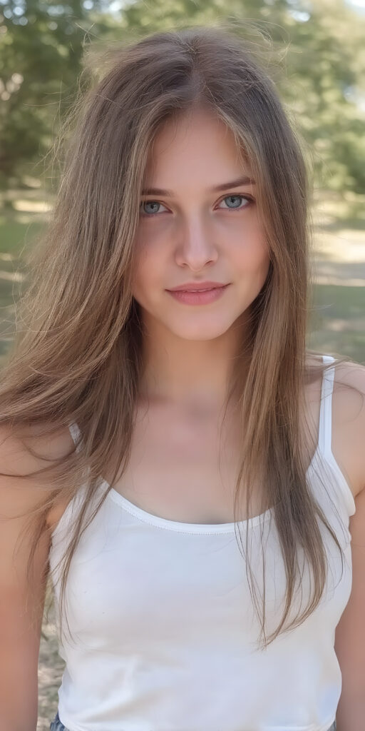 a (((very realistic full-length photo))), captured from a (moderately close up angle), showing a (((beautifully teen girl))) with a (extremely long, straight, thick, jet soft brown hair, light natural (pale) complexion, and (natural (bright) eyes) that give off a sense of (innocence). She's wearing a (soft (white) sleeves cropped tank top) with (no wrinkles) and a (low cut) top. The teen is out in a (sunny park), having a (playful moment) while they both enjoy the warmth of the sun on their faces. Her hair is softly falling over her shoulders.