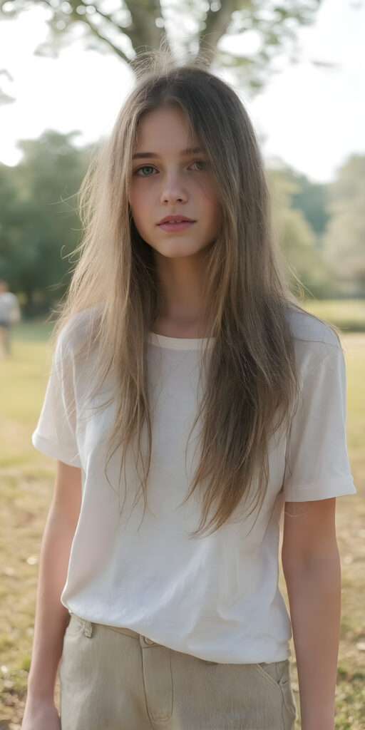 a (((very realistic full-length photo))), captured from a (moderately close up angle), showing a (((beautifully proportioned teen girl))) with a (extremely long, straight, thick, jet soft (natural white) hair, light natural (pale) complexion, and (natural (bright) eyes) that give off a sense of (innocence). She's wearing a (soft (white) raglan sleeves t-shirt) with (no wrinkles) and a (low cut) top. The teen is out in a (sunny park), having a (playful moment) while they both enjoy the warmth of the sun on their faces. Her hair is softly falling over her shoulders. She wears a (short) skirt and her legs are (long, lean) that brings the image’s focus even more to her full figure.