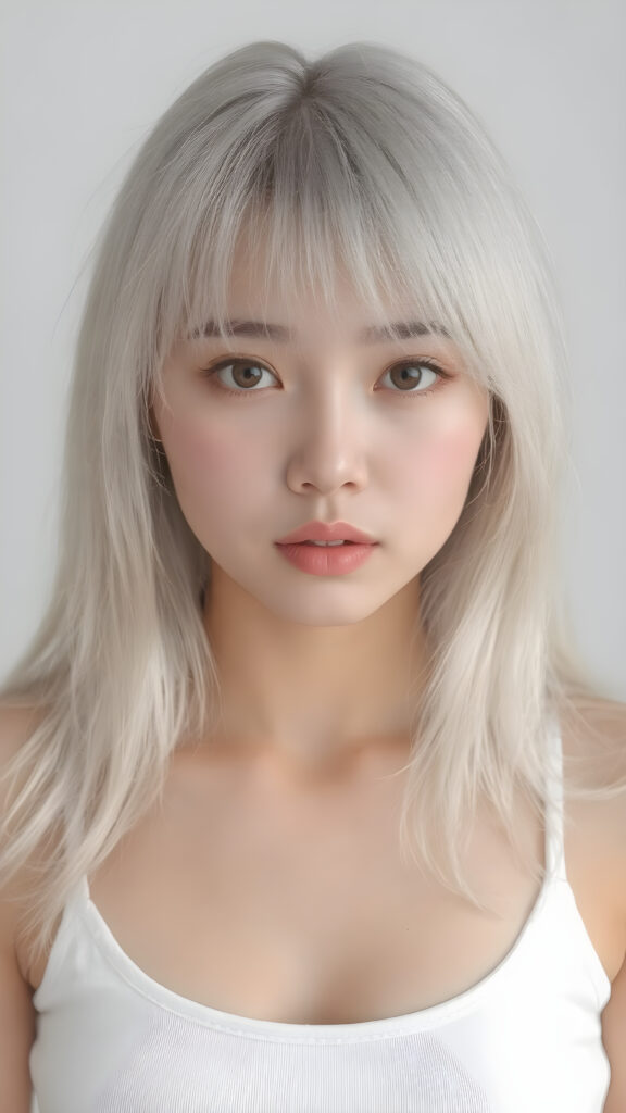 a (((very realistic and beautiful asian teen girl))), age 13, with (((straight, long, white hair))), (((bangs cut))). Her physique is (((perfect and toned)), with (((a lean, athletic upper body))) and (((a gentle, youthful curve at the bottom of her waist))). She's (((looking directly at the camera))). Her (((skin is ((clear) and glowing with a soft, natural tone))) adds to her (((attractive features))). She's (((wearing a (((very short tight (white crop tank top))), ((low-cut)), that highlights her (((perfectly proportioned figure))) and gives her a (((full-body shot))) with a (((beautifully detailed, realistic complexion))) and (((realistically drawn hands))) that match perfectly with her (((straight, long, white hair))) and (((perfectly drawn lips))) (((8k, Ultra High Definition, intricate details)))