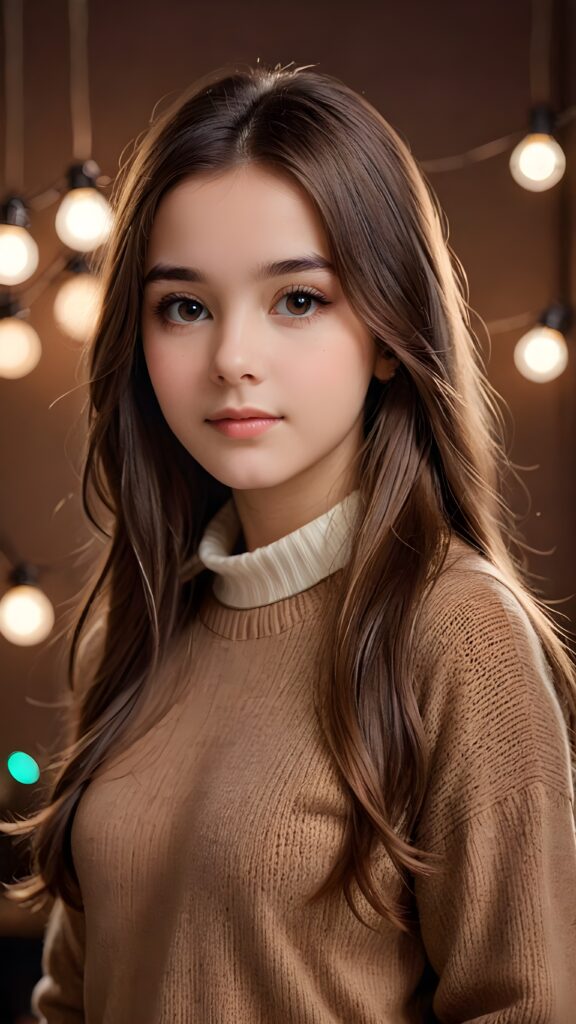 a very soft and diffuse vintage photograph of a 1960s teen girl with very long straight hair, with a dark pastel palette in the background, ((wears a fine brown sweater)), dark background