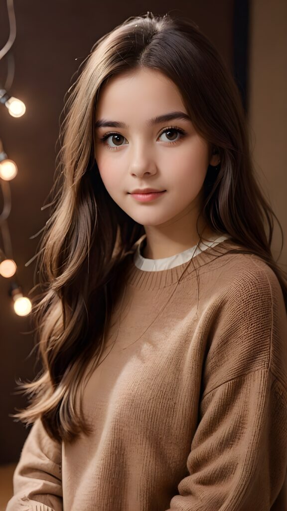 a very soft and diffuse vintage photograph of a 1960s teen girl with very long straight hair, with a dark pastel palette in the background, ((wears a fine brown sweater)), dark background