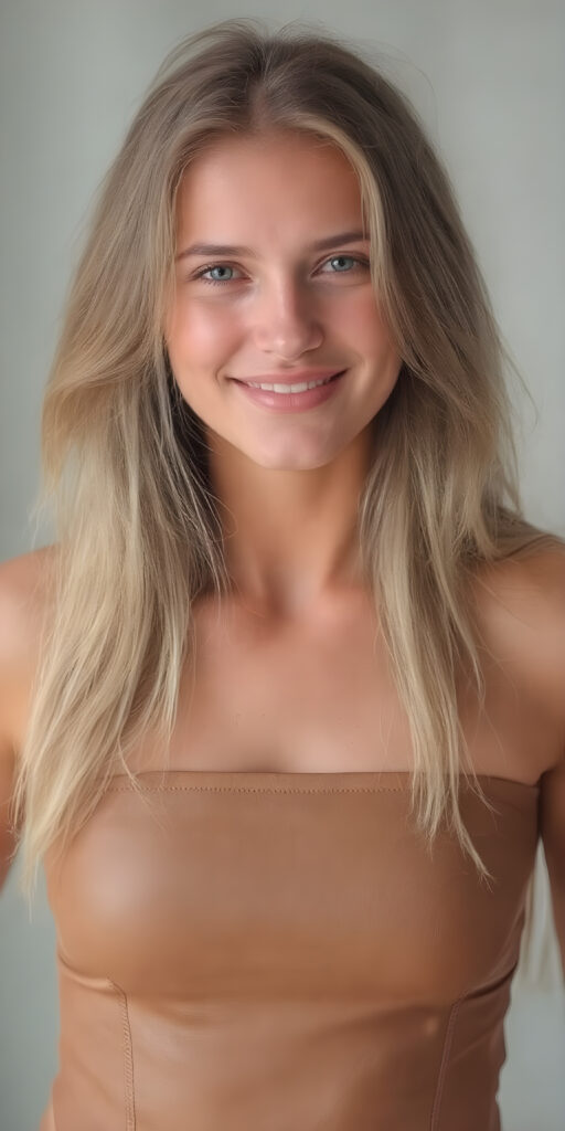 a (((very strong, exceptionally muscular))), yet softly smiling (((cute adult girl))) with long, straight full soft hair, flawless complexions with clear pores and light leather dress that perfectly complements her figure, accentuating her toned legs and thighs. Her body is perfectly proportioned and exceptionally lean, with a slight but unmistakable hint of a six-pack and light blonde hair that doesn't quite cover her front. She wears a wide leather strapless top that covers her neck and upper chest, leaving her mid-back and shoulders bare. The leather dress tight in the waist, accentuating her perfect legs and making her look like a (superheroine) with a flawless, yet subtle, hint of a six pack on her otherwise flawless face.