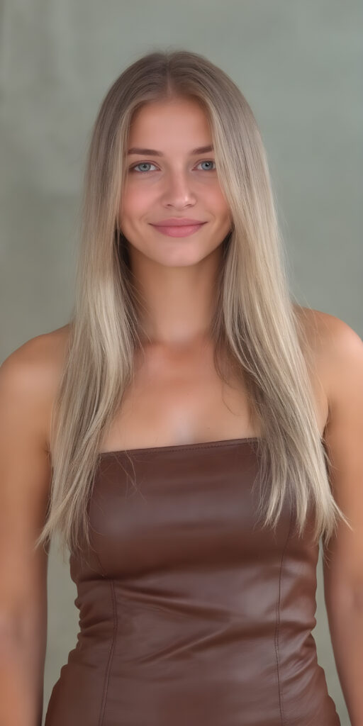 a (((very strong, exceptionally muscular))), yet softly smiling (((cute adult girl))) with long, straight full soft hair, flawless complexions with clear pores and light leather dress that perfectly complements her figure, accentuating her toned legs and thighs. Her body is perfectly proportioned and exceptionally lean, with a slight but unmistakable hint of a six-pack and light blonde hair that doesn't quite cover her front. She wears a wide leather strapless top that covers her neck and upper chest, leaving her mid-back and shoulders bare. The leather dress tight in the waist, accentuating her perfect legs and making her look like a (superheroine) with a flawless, yet subtle, hint of a six pack on her otherwise flawless face.