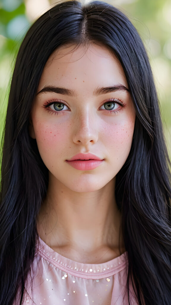 a (((very young girlie))), 15 years old, with a ((((perfectly straight soft long black hair)))), and (((tiny naturally pink lips))), paired with (((perfectly pink cheeks))), all framed by a ((round face)), with a sprinkle of (((freckles))) that make her look like a fairytale character, her eyes are (((round))) and they have (((long dark lashes))), paired with (((black Dioramic eyelids))) that frame those big eyes in a sophisticated touch, on a (short cropped black silk tank top) that exudes an air of modern minimalism, with its subtle texture and (((tiny shimmering details))) that mimic the essence of a (((freshly printed book))), set against a (serene, garden backdrop) that suggests the luxury of a (high-resolution, full-body image), perfectly framed and perfectly centered, with a hint of (softly diffused light) that brings out the (natural details)