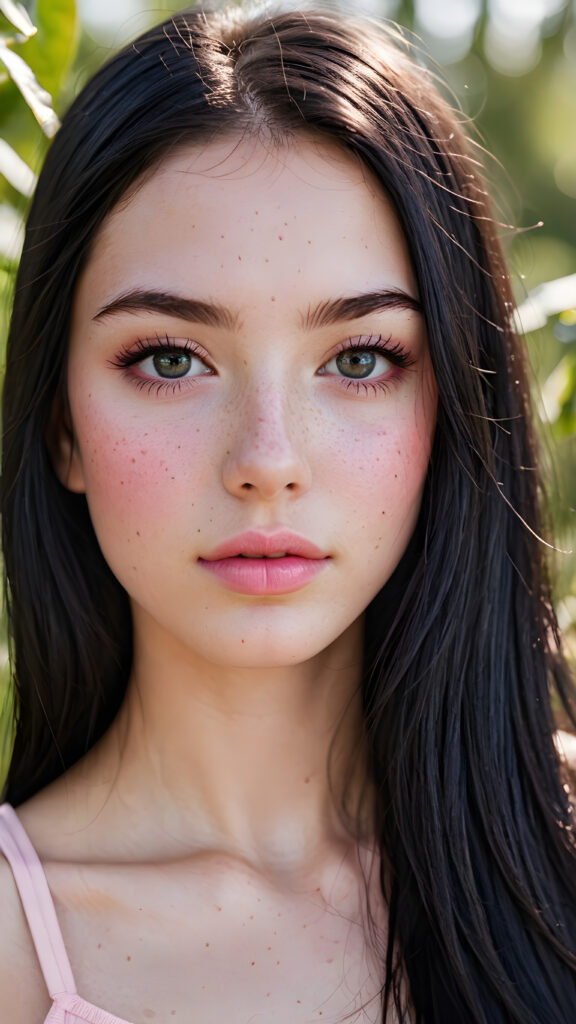 a (((very young girlie))), 15 years old, with a ((((perfectly straight soft long black hair)))), and (((tiny naturally pink lips))), paired with (((perfectly pink cheeks))), all framed by a ((round face)), with a sprinkle of (((freckles))) that make her look like a fairytale character, her eyes are (((round))) and they have (((long dark lashes))), paired with (((black Dioramic eyelids))) that frame those big eyes in a sophisticated touch, on a (short cropped black silk tank top) that exudes an air of modern minimalism, with its subtle texture and (((tiny shimmering details))) that mimic the essence of a (((freshly printed book))), set against a (serene, garden backdrop) that suggests the luxury of a (high-resolution, full-body image), perfectly framed and perfectly centered, with a hint of (softly diffused light) that brings out the (natural details)