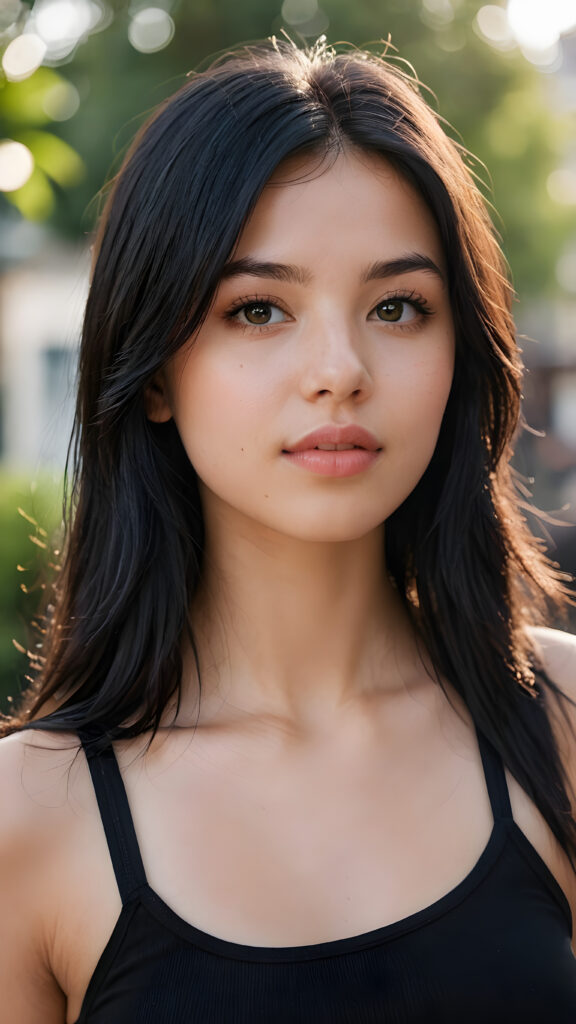 a very (((young girlie))), wears a short cropped black tank top, straight soft long black hair, ((round face)), full kissable lips, round eyes, perfect skin and perfect curved body