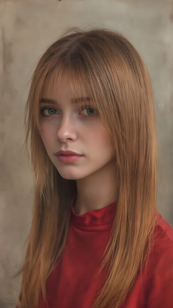 a victorian girl with straight ginger color very long slick-back hair, wearing a modern red silk dress with satin choker on neck.