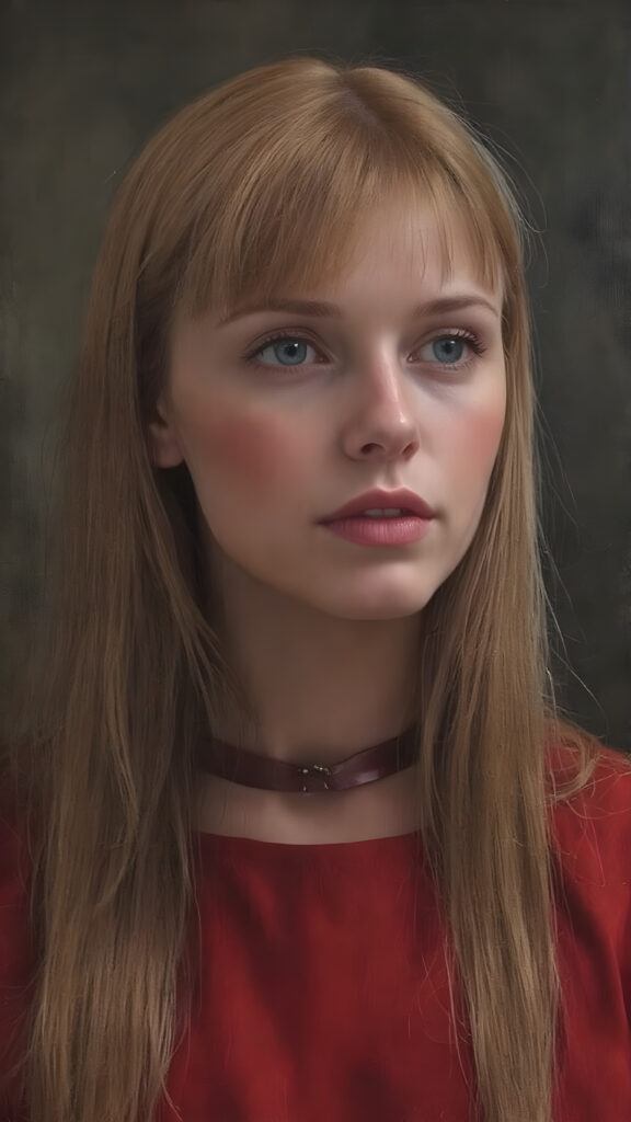 a victorian girl with straight ginger color very long slick-back hair, wearing a modern red silk dress with satin choker on neck.