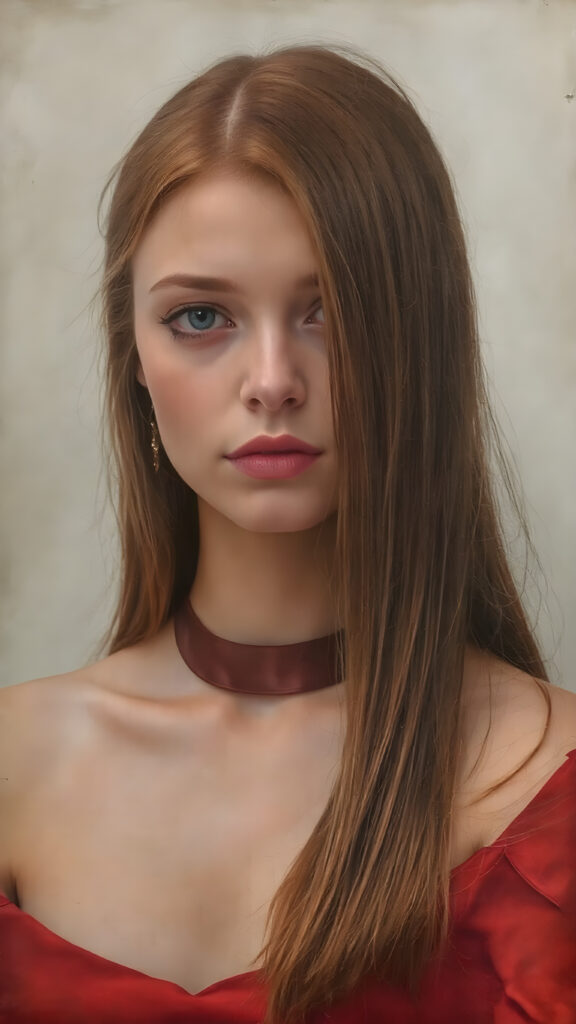 a victorian girl with straight ginger color very long slick-back hair, wearing a modern red silk dress with satin choker on neck.