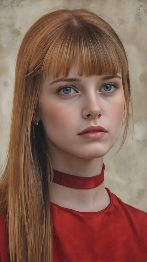 a victorian girl with straight ginger color very long slick-back hair, wearing a modern red silk dress with satin choker on neck.