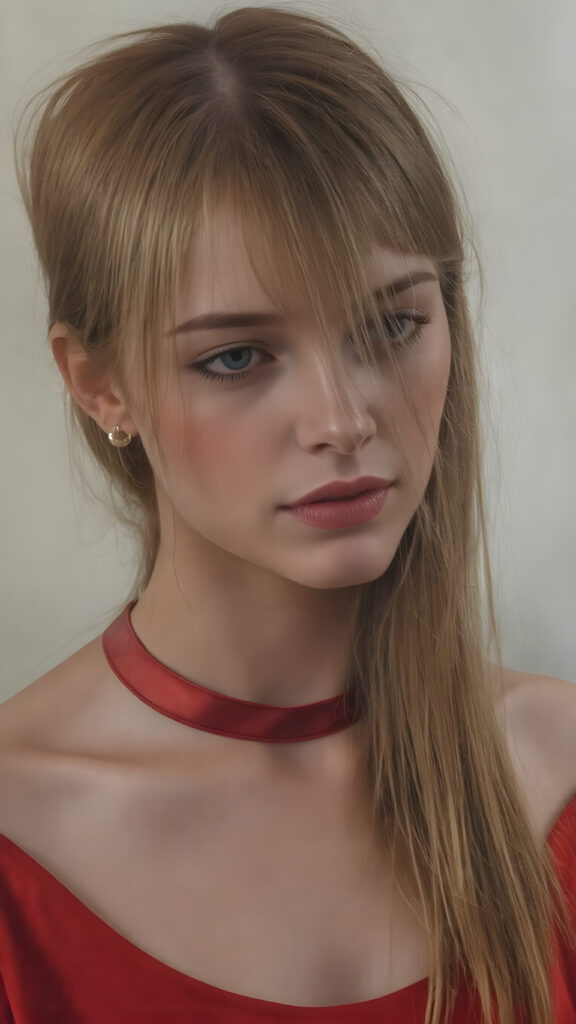 a victorian girl with straight ginger color very long slick-back hair, wearing a modern red silk dress with satin choker on neck.