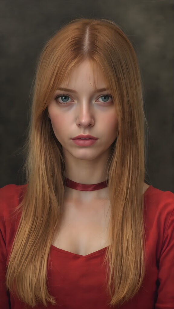 a victorian girl with straight ginger color very long slick-back hair, wearing a modern red silk dress with satin choker on neck.