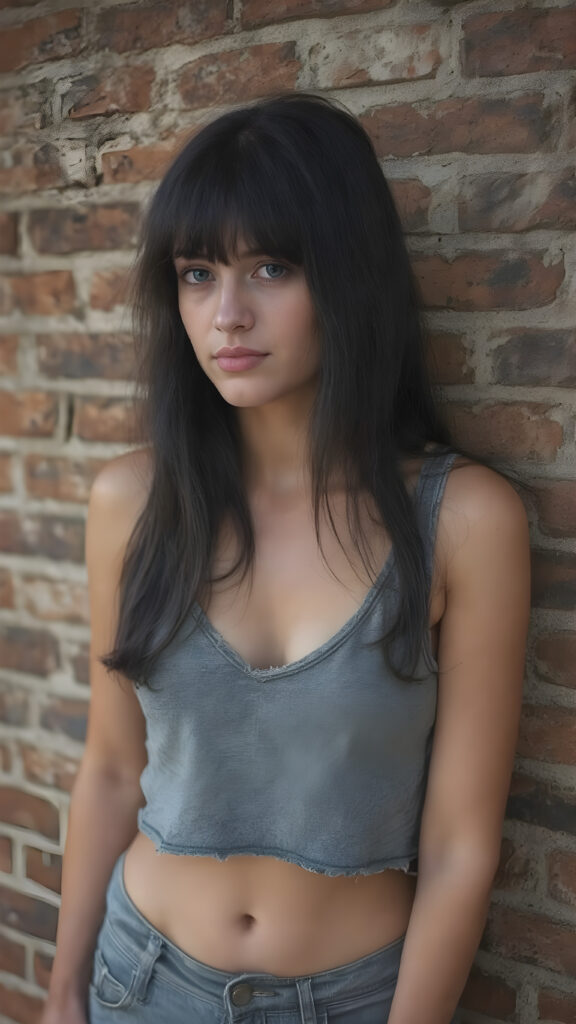 a (((vintage photograph))) from a (((tomboy teen girl with very long, straight detailed black soft hair, bangs))), (wears a (((grey cropped tattered tank top, deep v-neck))), short jeans pants), accentuating her (((belly button))), perfect body, all against a detailed brick wall, side view