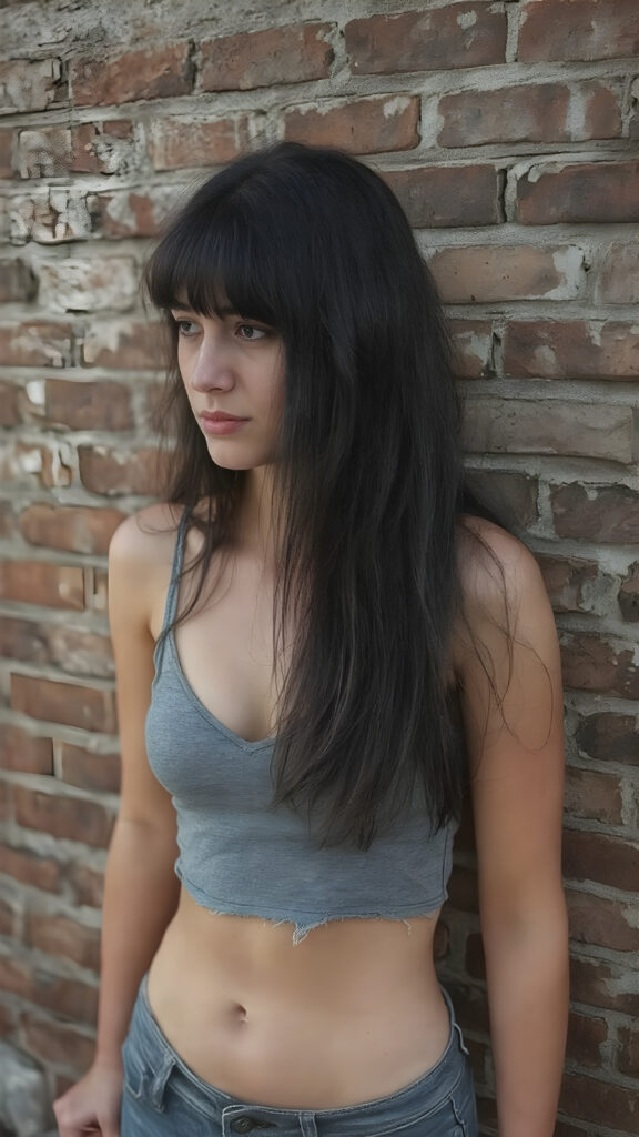 a (((vintage photograph))) from a (((tomboy teen girl with very long, straight detailed black soft hair, bangs))), (wears a (((grey cropped tattered tank top, deep v-neck))), short jeans pants), accentuating her (((belly button))), perfect body, all against a detailed brick wall, side view