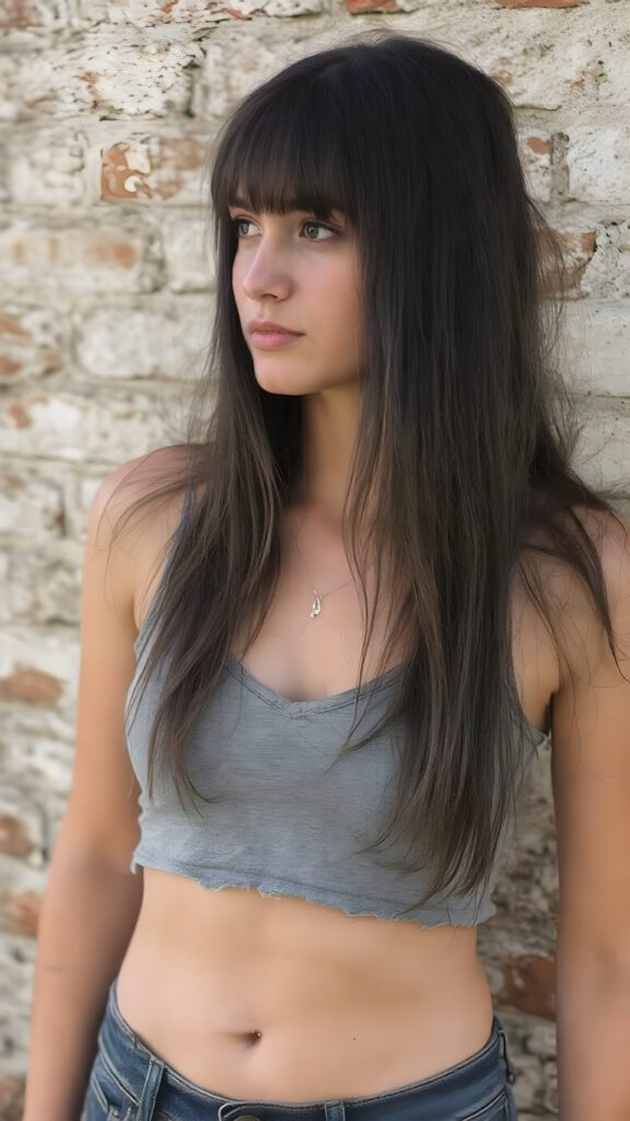 a (((vintage photograph))) from a (((tomboy teen girl with very long, straight detailed black soft hair, bangs))), (wears a (((grey cropped tattered tank top, deep v-neck))), short jeans pants), accentuating her (((belly button))), perfect body, all against a detailed brick wall, side view