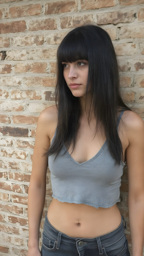 a (((vintage photograph))) from a (((tomboy teen girl with very long, straight detailed black soft hair, bangs))), (wears a (((grey cropped tattered tank top, deep v-neck))), short jeans pants), accentuating her (((belly button))), perfect body, all against a detailed brick wall, side view