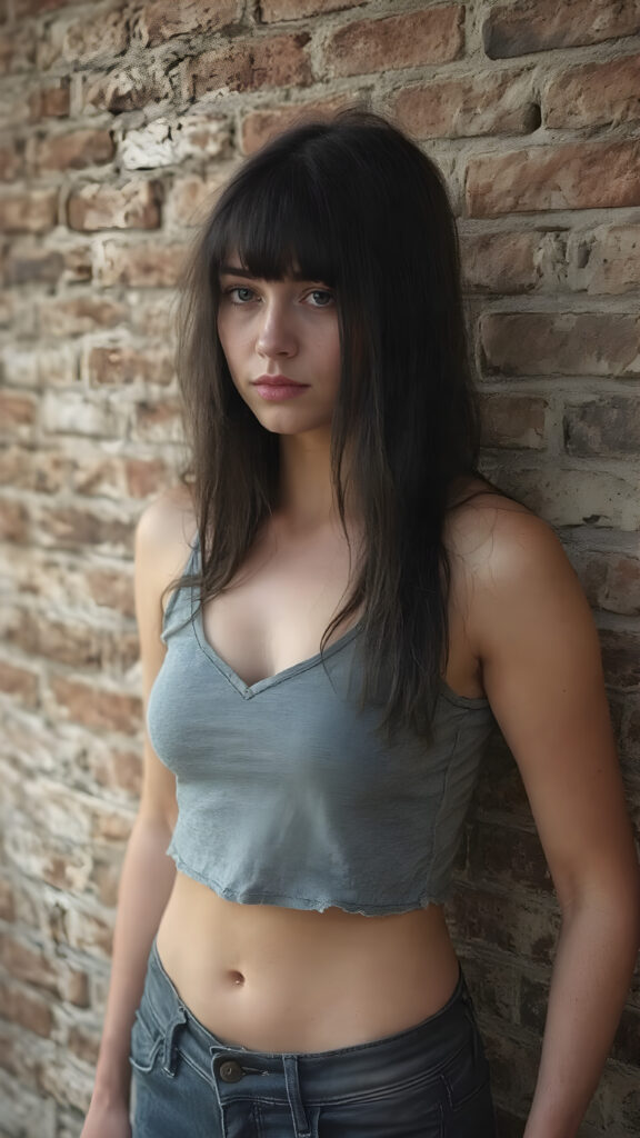 a (((vintage photograph))) from a (((tomboy teen girl with very long, straight detailed black soft hair, bangs))), (wears a (((grey cropped tattered tank top, deep v-neck))), short jeans pants), accentuating her (((belly button))), perfect body, all against a detailed brick wall, side view